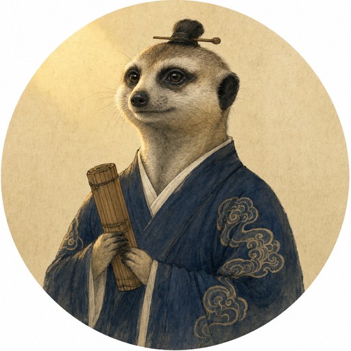 一隻狐獴的繪製頭像:身穿雲紋藍靛道袍、束髮插簪,抱著一卷竹簡,米色紙紋圓底